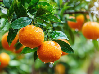 fresh and healthy ripe dekopon oranges on tree at agriculture plantation farm garden.	