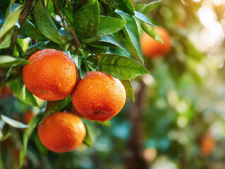 fresh and healthy ripe dekopon oranges on tree at agriculture plantation farm garden.	
