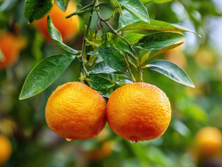 fresh and healthy ripe dekopon oranges on tree at agriculture plantation farm garden.	