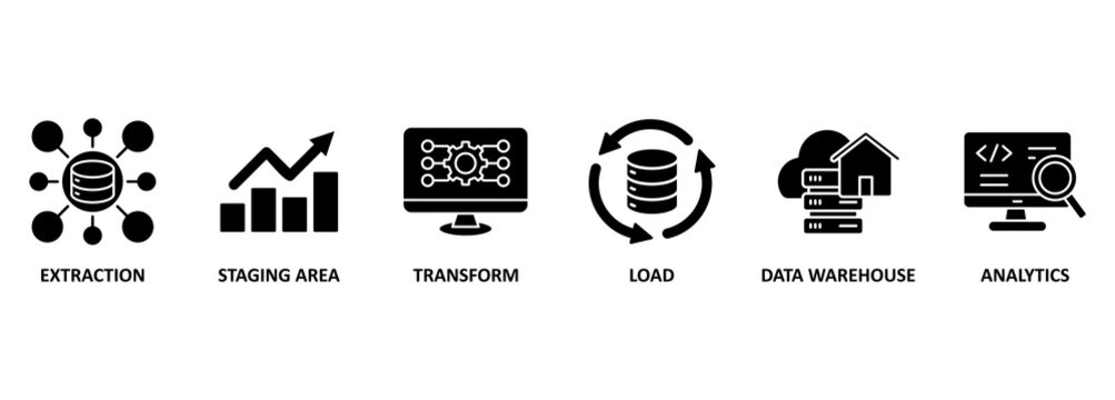 Etl banner web icon vector illustration concept of extract transform load with icon of extraction, staging area, data warehouse and analytics 