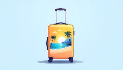 Vibrant orange suitcase with tropical beach scene palm trees and sunset perfect for summer travel adventures