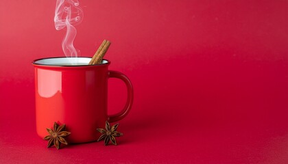 Steaming red mug with cinnamon stick and star anise on vibrant red background evoking warmth and comfort