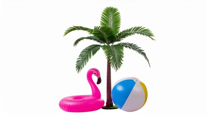 Tropical Summer Scene with Palm Tree Pink Flamingo Float and Beach Ball