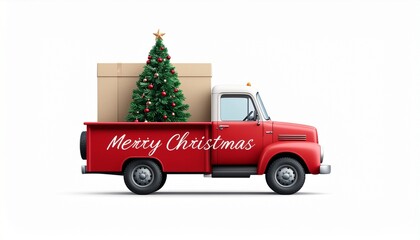 Vintage red pickup truck carrying Christmas tree and box wishing Merry Christmas festive holiday scene