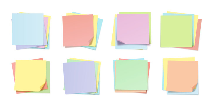 Sticky Notes Stack Mockup Set with Colorful Soft Pastel Paper Layers and Folded Corners. Blank Memo Notes for To Do List Planning, Education Schedule, Office Creative Design Use. Vector Illustration