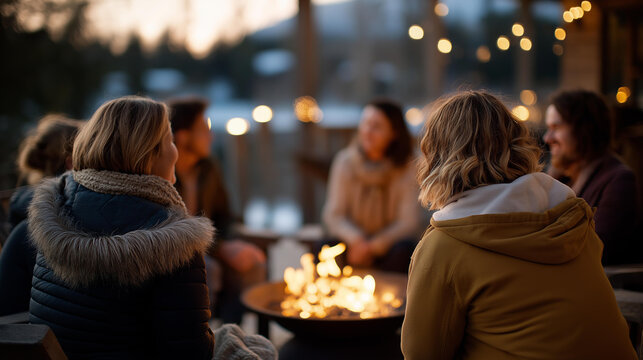 Faceless group of friends sitting in circle around glowing evening fire pit heavily defocused scenic winter background anonymous people sharing stories and laughter capturing