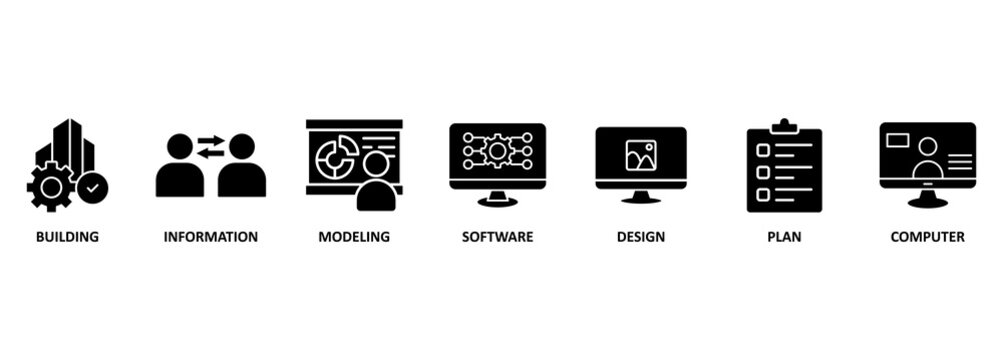 BIM banner web icon vector illustration concept for building information modeling with icon of building, information, modeling, software, design, plan, and computer 