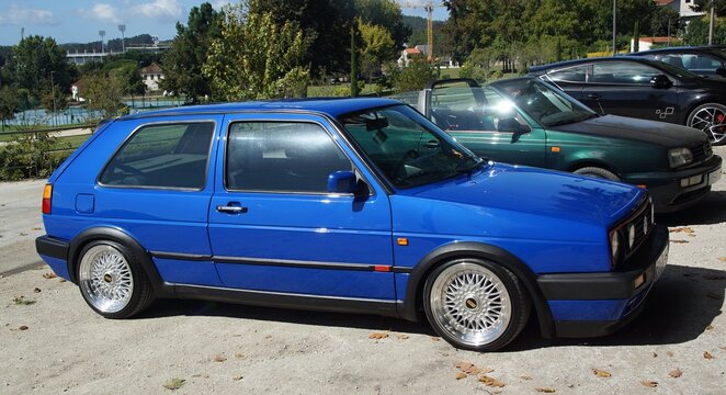 Blue Volkswagen Golf Mk2 custom car on display