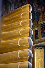 Bangkok, Thailand - 21st December 2025: Detail of feet of Reclining Buddah at Temple of the Reclining Buddha