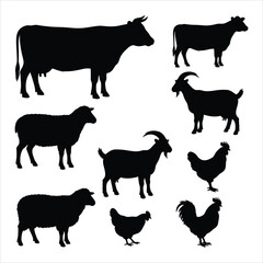 Livestock and farm animal silhouettes including cow, goat, sheep, and chicken