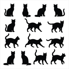 Domestic cat silhouettes set in various poses like sitting, walking, and jumping