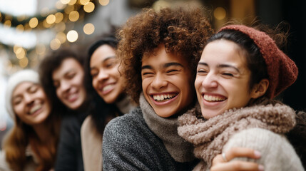 Close up of faceless multi ethnic group of happy friends hugging heavily defocused background anonymous young smiling people laughing together enjoy community cheerful mixed