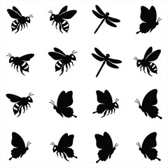 Decorative butterfly and bee icon set for nature and garden design.