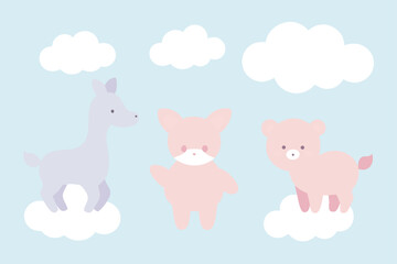 Obraz premium Sweet baby animals against a pastel sky with clouds, a charming illustration for tender themes