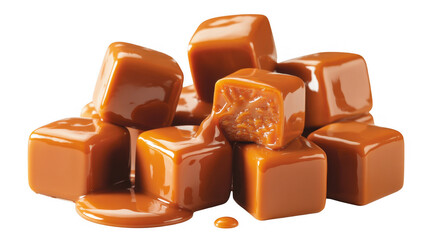Caramel candies with one cut open sweets cubes isolated on a transparent background