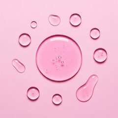 Pink liquid drops and blobs on pink background water
