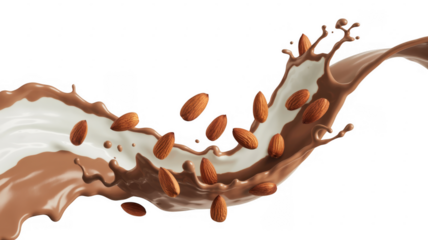 Chocolate and white milk splash with almonds liquid isolated on a transparent background