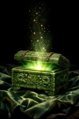 Ancient jade chest releasing green magical sparks