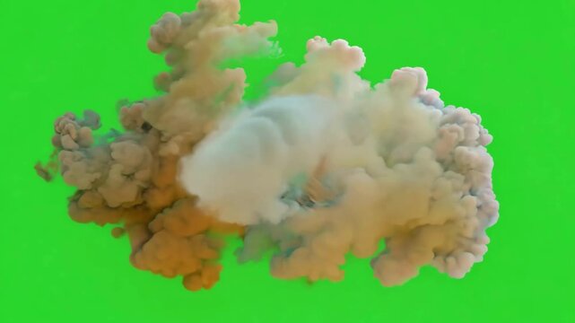 Large fire and smoke explosion on green screen, massive bomb blast cloud effect for war, action movies, and vfx destruction scenes.