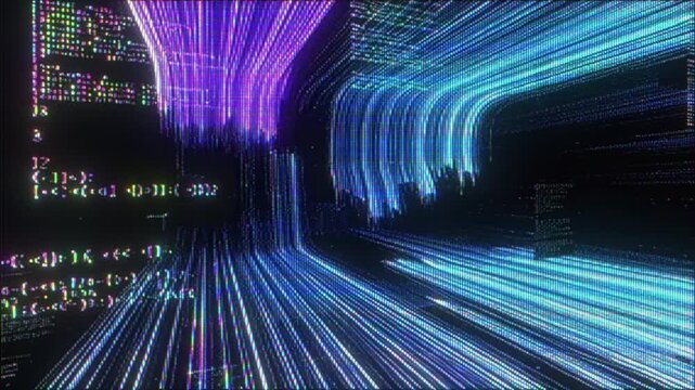4K Data stream tunnel animation, digital code flow visualization overlay, high speed signal motion, futuristic system interface visual effect layer