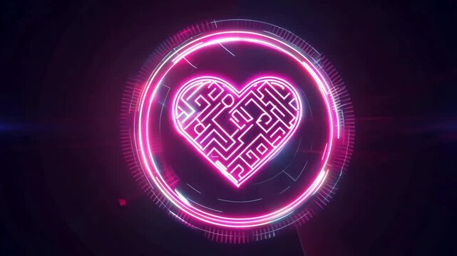 Neon pink heart with maze puzzle pattern rotating in HUD circle, futuristic digital love symbol animation for sci-fi or valentine concept.