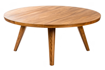 Round wooden coffee table with three legs isolated on transparent background