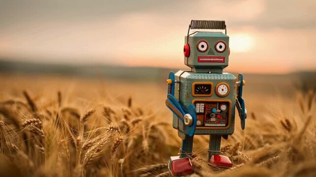 Vintage robot toy standing amongst golden wheat field at sunset