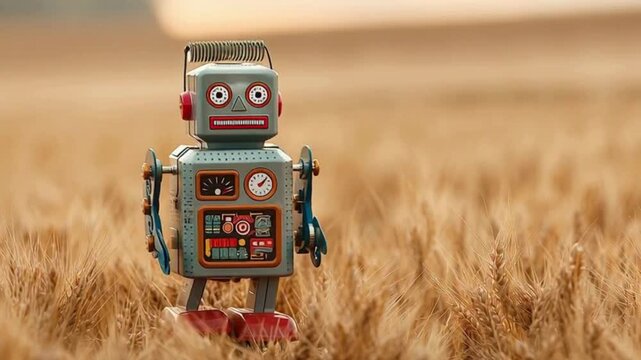 Vintage toy robot walks across textured surface in warm sunlight