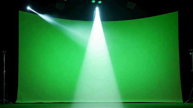 Empty professional green screen studio cyclorama illuminated by bright stage spotlights with atmospheric smoke.
