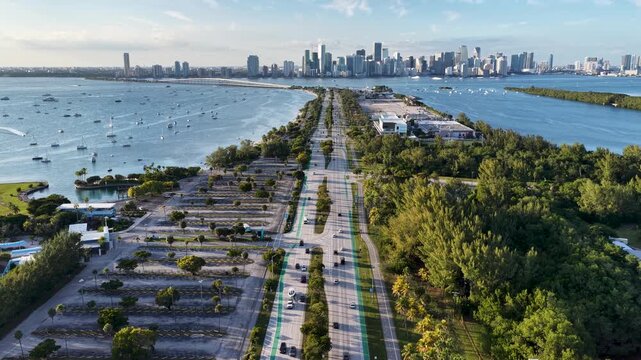 Miami Skyline In Miami Florida United States. Highway Interchange Crossing City With Traffic Jam. Town Sky Backgrounds Urban. Backgrounds Downtown Panoramic City. Miami Florida.