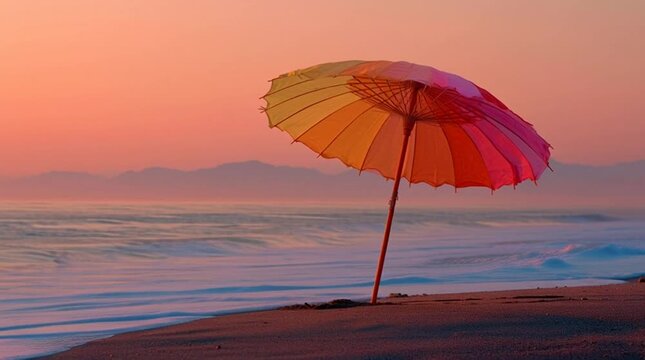Colorful parasol on sandy beach at sunset with calm ocean waves