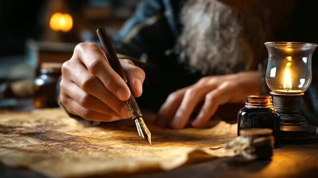 Faceless ancient figure writing with quill on aged parchment by oil lamp light, historical scribe creating text, biblical times concept, defocused manuscripts, educational document