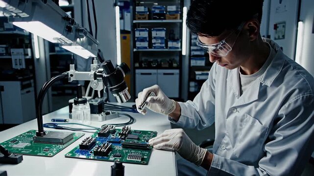 factory worker assembling electronic components on circuit boards, precision engineering, modern electronics manufacturing, cinematic lighting