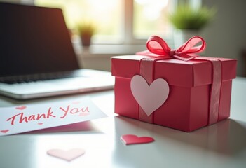 Valentine’s Day customer appreciation concept, gift box and thank you note on office desk, soft daylight