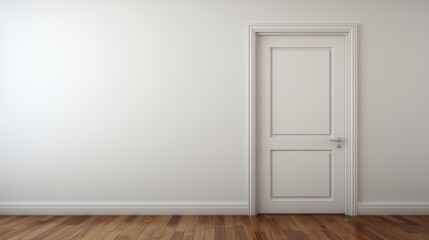 A simple, modern interior featuring a white door against a blank wall and wooden flooring, creating a clean and minimalist aesthetic.