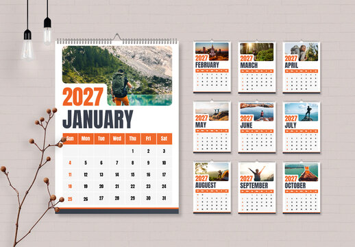 2027 January to December Monthly Travel Photo Wall Calendar Design Template