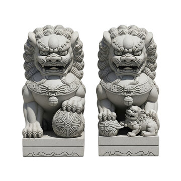 Traditional Chinese Foo Dog statues, a male with a ball and female with a cub, symbolizing protection and prosperity. Ideal for Lunar New Year designs, cultural events, Asian restaurant branding,