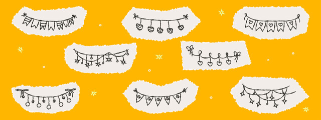 Festive garlands with light bulbs, stars, and flags hanging on a string. A strip of old torn paper with doodle lanterns for scrapbooking and collage. Chalk-drawn garlands, crayon scribble. Vector.