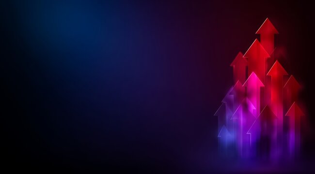 Blue background with a red and purple arrow tree. The tree is made up of many arrows pointing in different directions