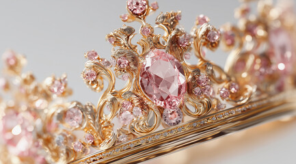 Luxury pink gemstone tiara crown with ornate gold filigree jewelry design