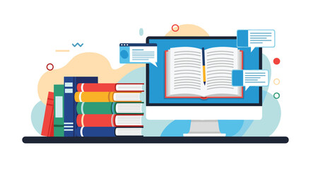 Computer screen displaying an open book, with a stack of physical books nearby, symbolizing online learning and digital education platforms.