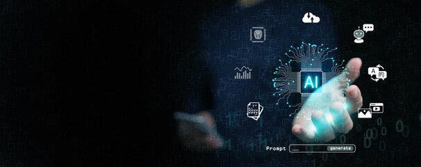 Artificial intelligence chip in human hand with smartphone, cloud computing, chatbot, and icons of the use of AI. Ai automation, machine learning, digital assistance, and advanced technology system.