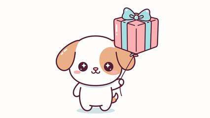 A cute cartoon dog holds a pink gift box with a blue ribbon on its head