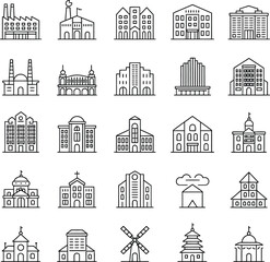 Fototapeta premium Collection of Minimalist Vector Building Icons Featuring Various Architectural Styles and Structures