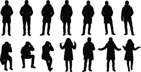 Set of human silhouettes in winter clothing showing standing and expressive gesture poses isolated on white background for design use