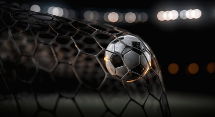  Soccer ball in soccer goal net in a big stadium isolated on big stadium. soccer net.