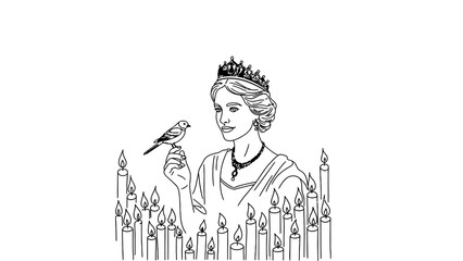 Elegant royal woman with crown holding bird surrounded candles