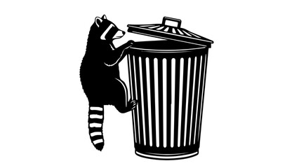 Raccoon getting into a trash can with lid open