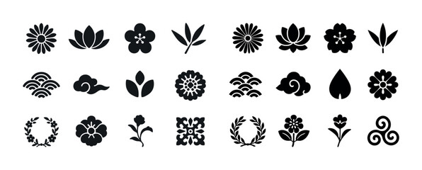 Collection of floral and nature-inspired silhouette icons and sy