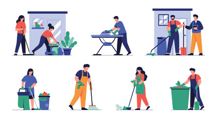 A comprehensive set of illustrations depicting individuals performing a variety of common household cleaning tasks, ensuring a tidy and well-maintained home.